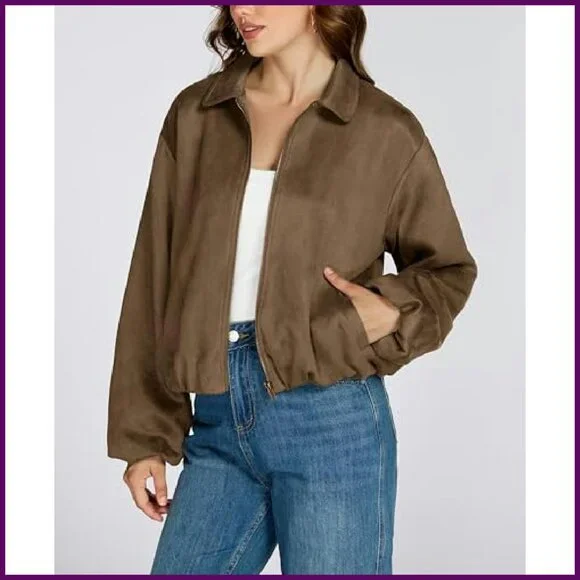 Faux Suede Cropped Bomber Jacket Women's Long Sleeve Zip Up Casual Outerwear